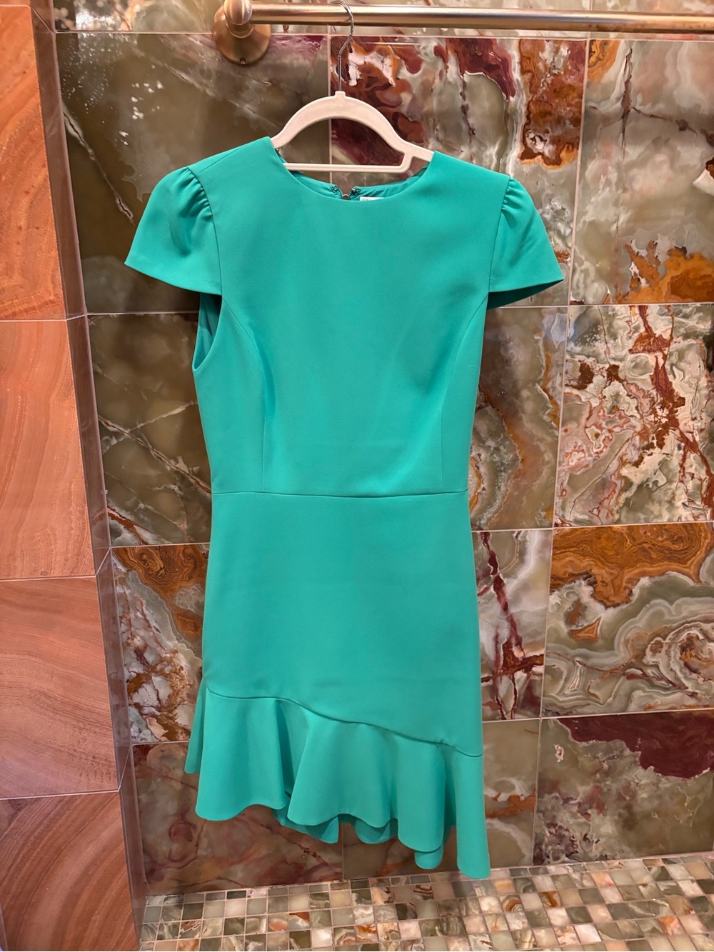 Alice + Olivia Teal Cap-Sleeve Ruffle Hem Dress